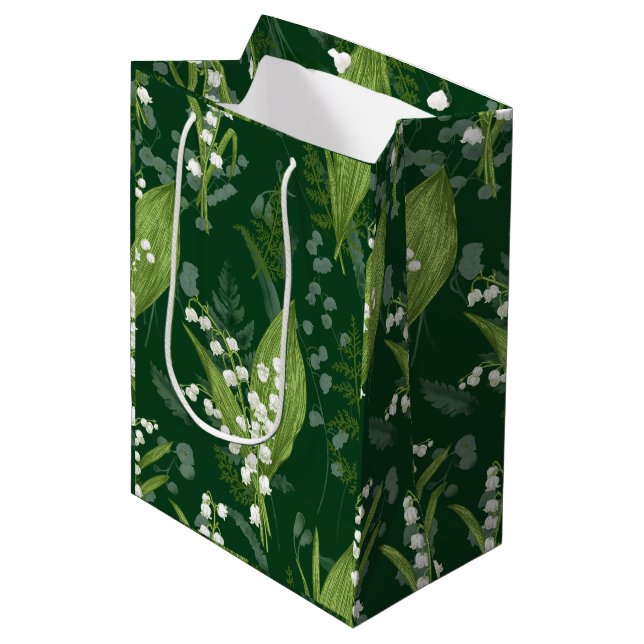 Lily of Valley with Ferns || Dark Green Medium Gift Bag (Front Angled)