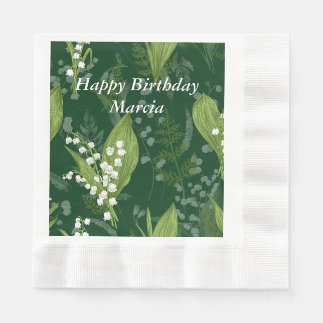 Lily of Valley with Ferns || Dark Green Napkin (Front)