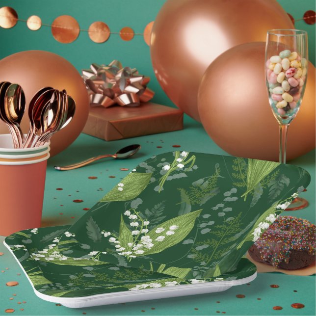 Lily of Valley with Ferns || Dark Green Paper Plate (Multi)