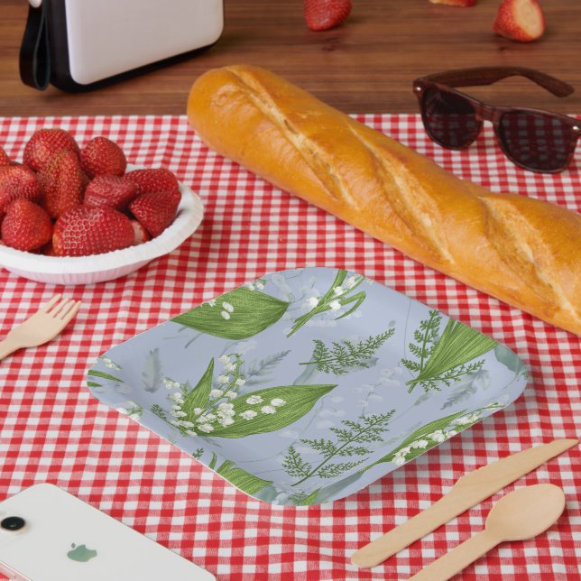 Lily of Valley with Ferns || Light Blue Paper Plate (Picnic)