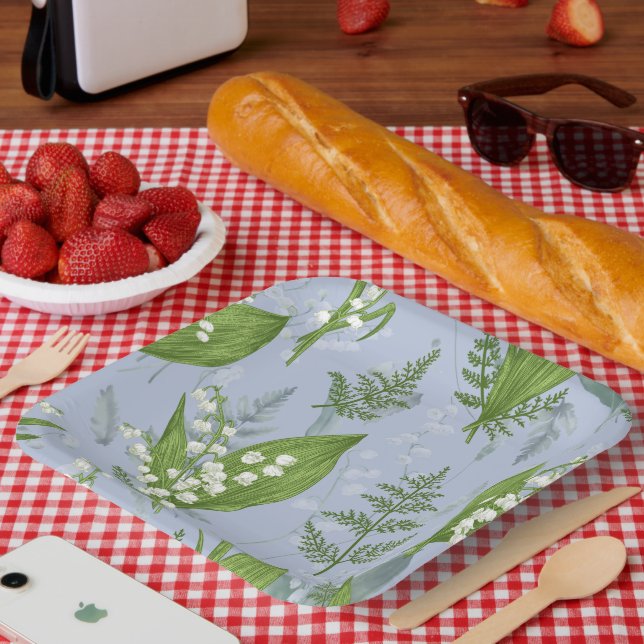 Lily of Valley with Ferns || Light Blue Paper Plate (Picnic)