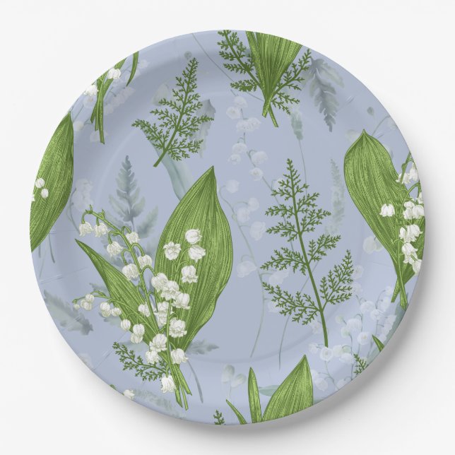 Lily of Valley with Ferns || Light Blue Paper Plate (Front)