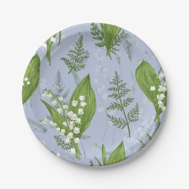Lily of Valley with Ferns || Light Blue Paper Plate (Front)