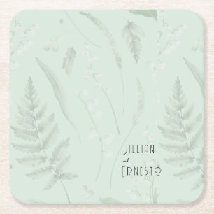 Lily of Valley with Ferns Soft Green Custom Square Paper Coaster