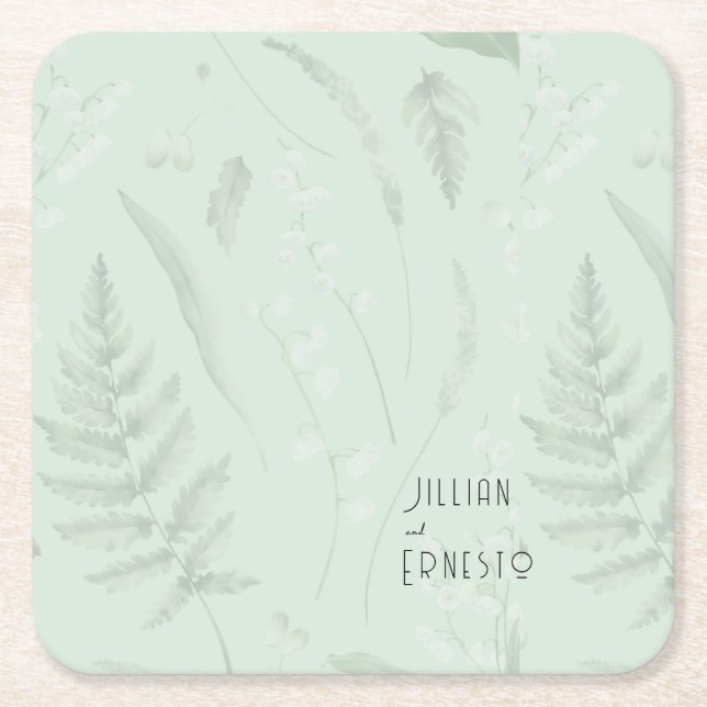 Lily of Valley with Ferns || Soft Green Custom Square Paper Coaster (Front)