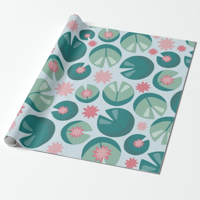 Lily Pads and Pink Blossoms Pattern Wrapping Paper (Unrolled)