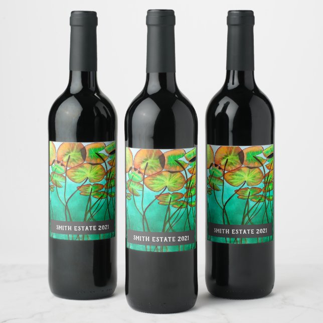 Lily pads green watercolor art wine label (Bottles)