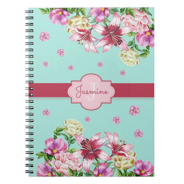 Lily & Peony Floral Aqua Notebook (Front)