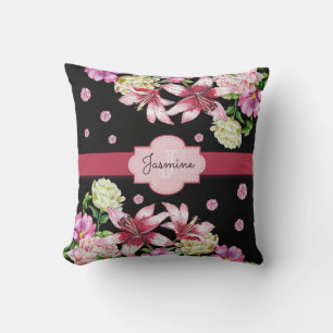 Lily & Peony Floral Black Throw Pillow