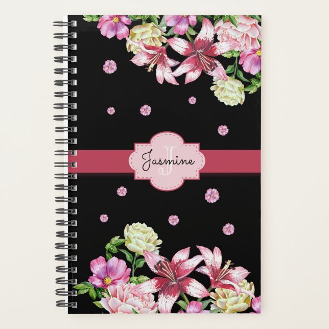 Lily & Peony Floral Noir Personnalisé (Devant)