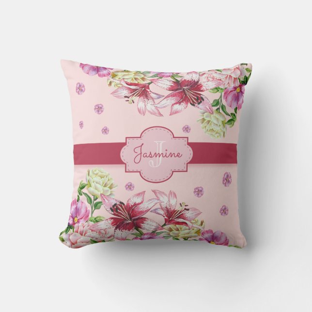 Lily & Peony Floral Pink Throw Pillow (Front)