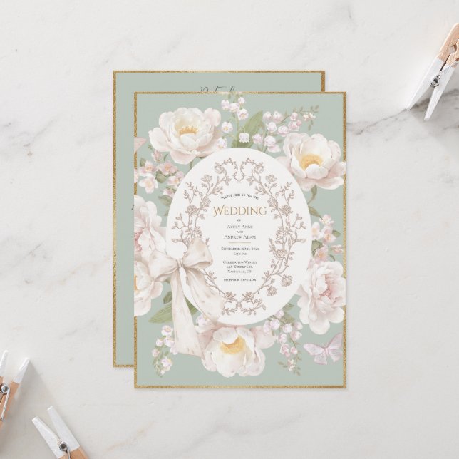 Lily Peony Floral Vintage Budget Wedding Invitation (Front/Back In Situ)