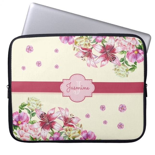 Lily & Peony Floral Yellow Laptop Sleeve (Front)