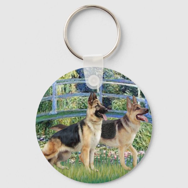 Lily Pond Bridge - Two German Shepherds Keychain (Front)