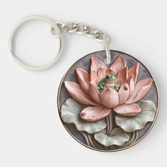 Lily Pond Green Frog Ladybugs Pink Water Lily  Keychain (Front)