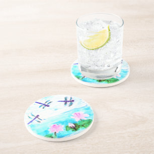 Lily Pond Painting with Dragonfly Coaster