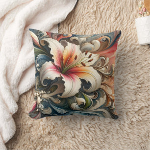 Lily Surrounded by Colourful Swirling Patterns Throw Pillow