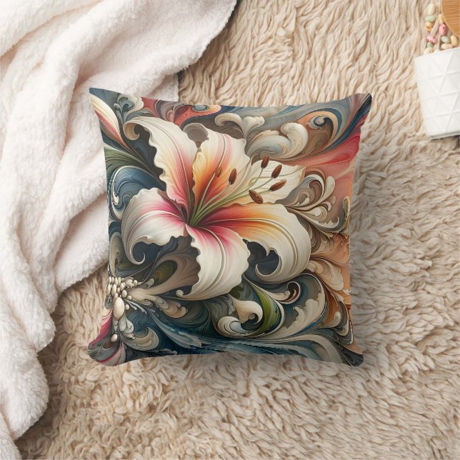 Lily Surrounded by Colourful Swirling Patterns Throw Pillow (Blanket)