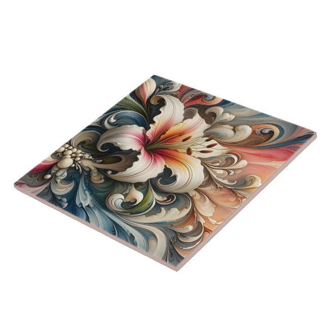 Lily Surrounded by Colourful Swirling Patterns Tile (Side)