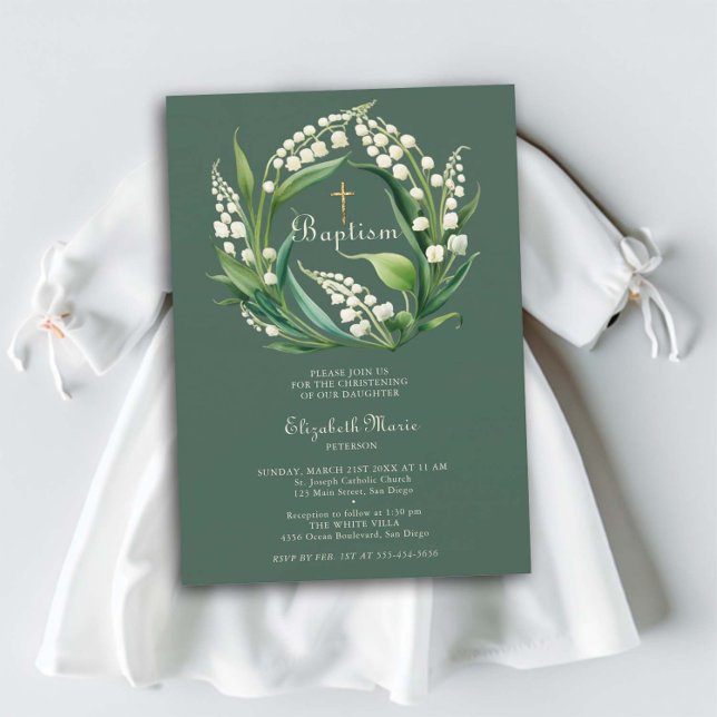 Lily Valley Cross Wreath Sage Green Girl Baptism Invitation (baptism invitation lily of the valley floral wreath dark sage green elegant formal gold cross)