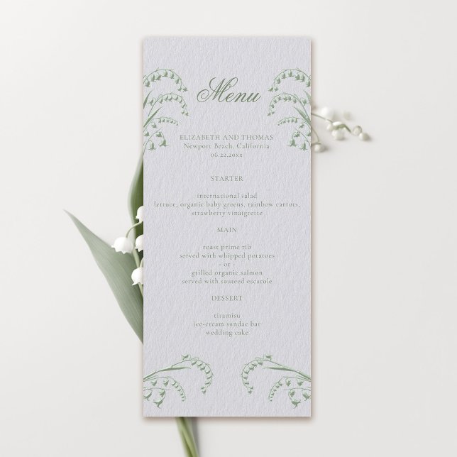 Lily Valley Faux Embossed Green Formal Wedding Menu (formal wedding menu card classic traditional faux embossed lily of the valley frame ivory green)