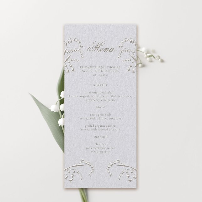 Lily Valley Faux Embossed Ivory Formal Wedding Menu (formal wedding menu card classic traditional faux embossed lily of the valley frame ivory white)