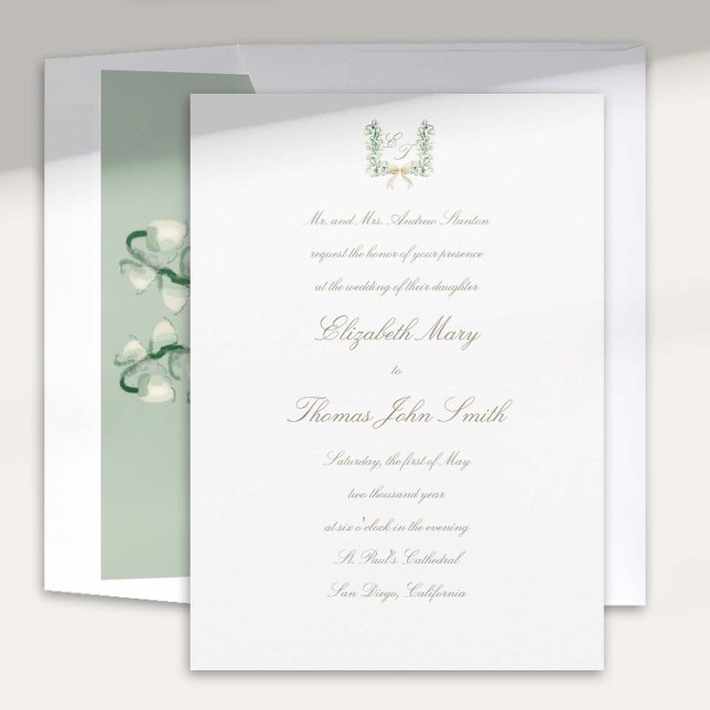 Lily Valley Faux Gold Formal Traditional Wedding Invitation (lily valley formal classic wedding invitation watercolor arch crest monograms calligraphy green bow)