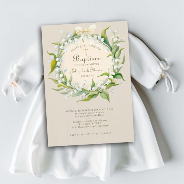 Lily Valley Gold Cross Wreath Bow Child Baptism Invitation (baptism invitation child boy girl christening lily of the valley floral wreath gold cross elegant )