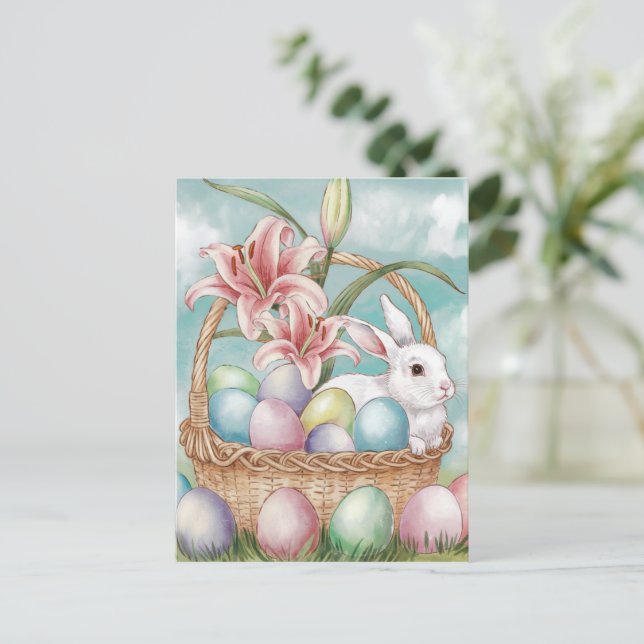 Lily Watercolor & Pastel Eggs with Bunny in Basket Postcard (Standing Front)