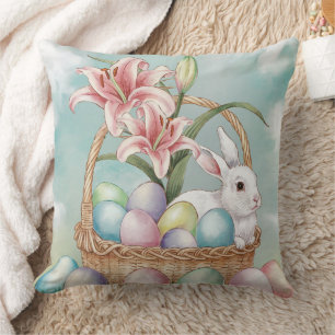 Lily Watercolor & Pastel Eggs with Bunny in Basket Throw Pillow