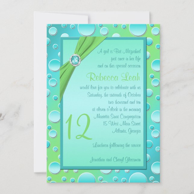 Lime and Aqua Polka Dot Bat Mitzvah Invitation (Front)