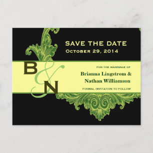 LIME and BLACK Vintage Swirl Save the Date Announcement Postcard