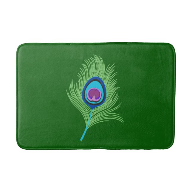Lime and Blue Peacock Feathers on Emerald Green  Bath Mat (Front)