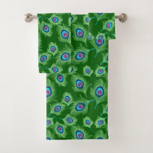Lime and Blue Peacock Feathers on Emerald Green  Bath Towel Set