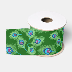 Lime and Blue Peacock Feathers on Emerald Green  Grosgrain Ribbon
