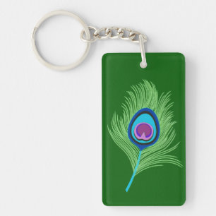 Lime and Blue Peacock Feathers on Emerald Green  Keychain