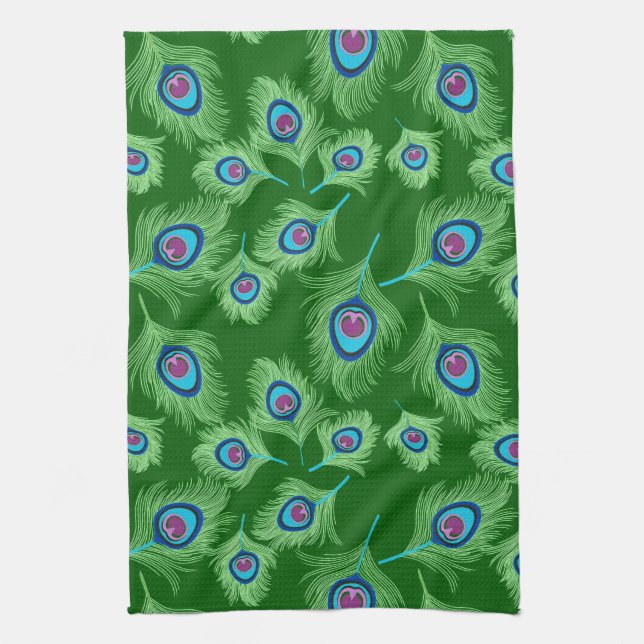 Lime and Blue Peacock Feathers on Emerald Green  Kitchen Towel (Vertical)