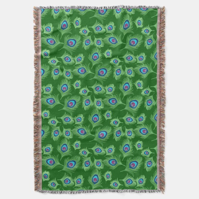 Lime and Blue Peacock Feathers on Emerald Green Throw Blanket (Front Vertical)