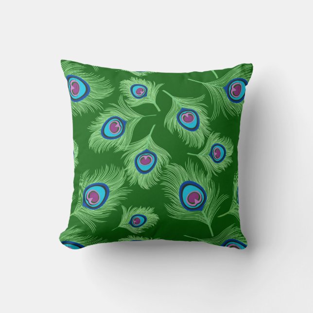 Lime and Blue Peacock Feathers on Emerald Green Throw Pillow (Front)