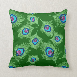 Lime and Blue Peacock Feathers on Emerald Green Throw Pillow