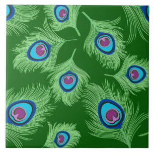 Lime and Blue Peacock Feathers on Emerald Green Tile