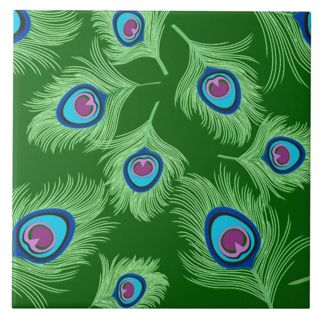 Lime and Blue Peacock Feathers on Emerald Green Tile (Front)