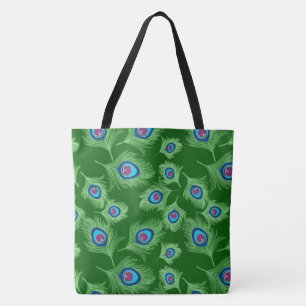 Lime and Blue Peacock Feathers on Emerald Green Tote Bag