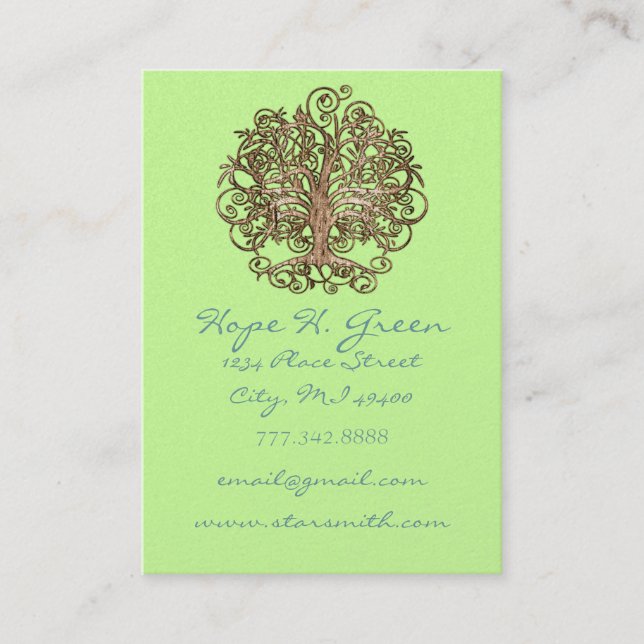 Lime and Brown Swirled Tree Business Card (Front)