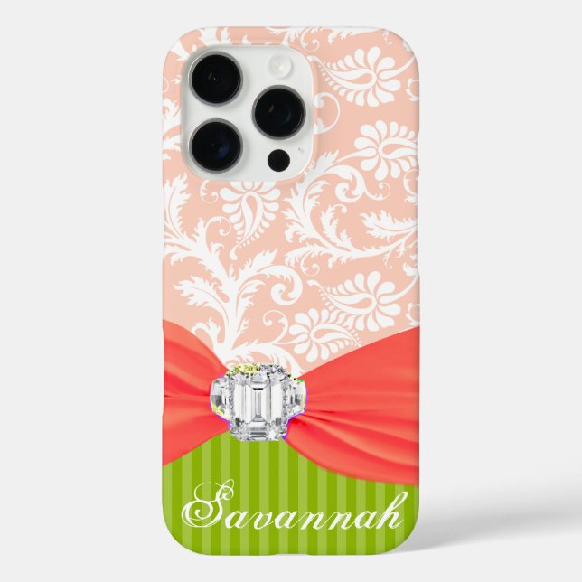 Lime and Coral Faux Rhinstone Personalize Damask Case-Mate iPhone Case (Back)