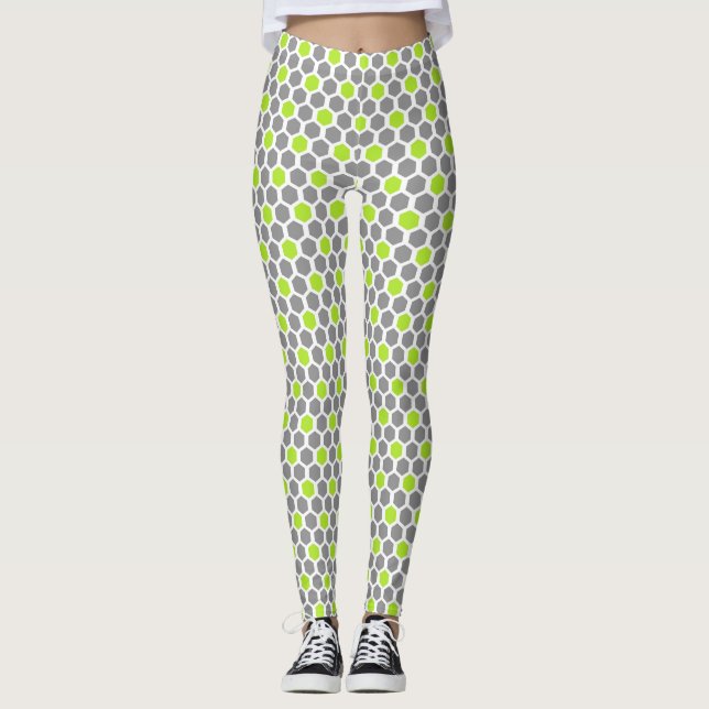 Lime and Grey Hexagon Pattern Leggings (Front)