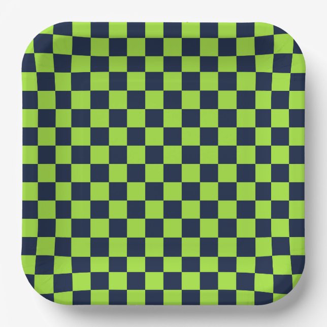 Lime and navy checkerboard pattern paper plate (Front)