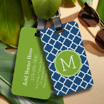 Lime and Navy Quatrefoil Pattern Custom Monogram Luggage Tag<br><div class="desc">A bold,  graphic quatrefoil design in fresh,  cheerful colours. If you need to adjust the monograms,  click on the customize it button and make changes.</div>