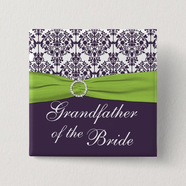 Lime and Purple Damask Grandfather of the Bride 2 Inch Square Button (Front)