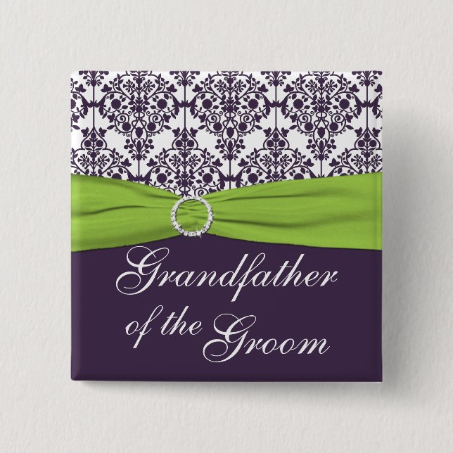 Lime and Purple Damask Grandfather of the Groom 2 Inch Square Button (Front)
